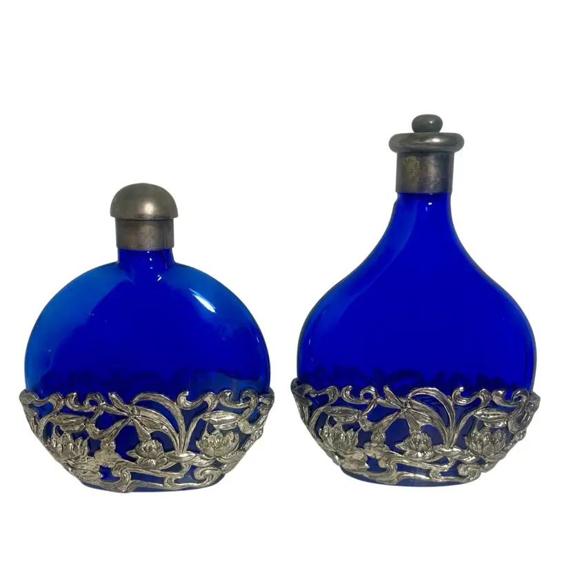 Vintage Silver Blue Colbalt Glass Filigree Perfume Bottle Floral 2 Bottles