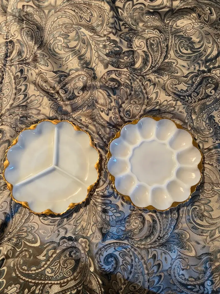 Anchor Hocking Deviled Egg Plate & Divided Relish Dish Fire King Milk Glass 9"