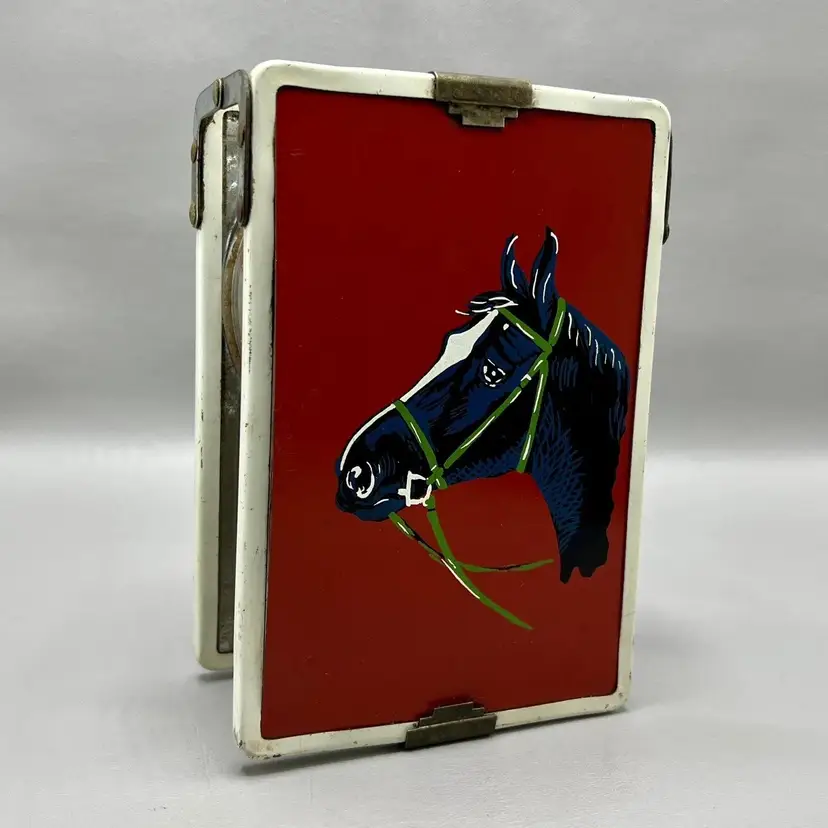 Vintage Antique Horse Foldable Shaving Kit Mirror Cup Holder Red
