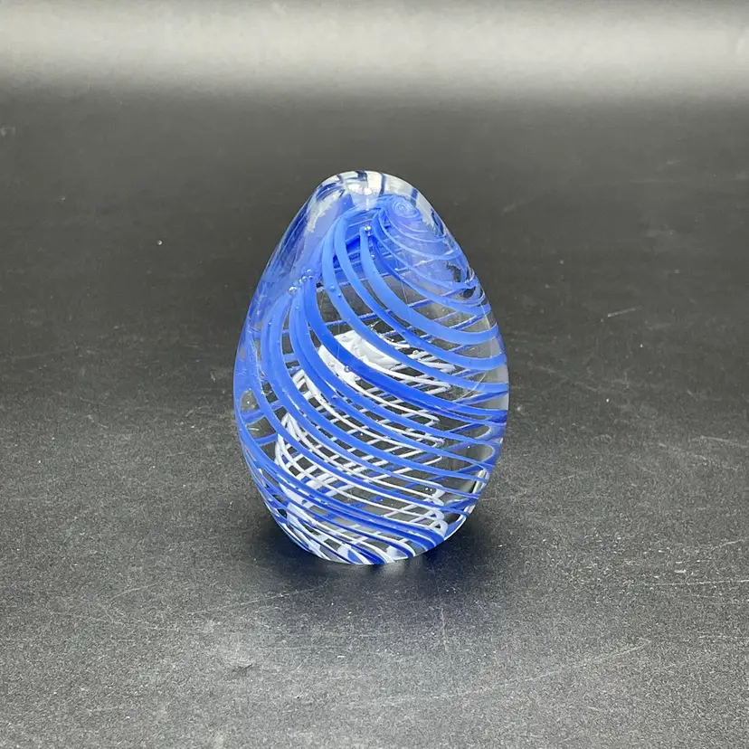 Large Glass Paperweight Blue White Swirl Ribboned Egged Shaped Vintage