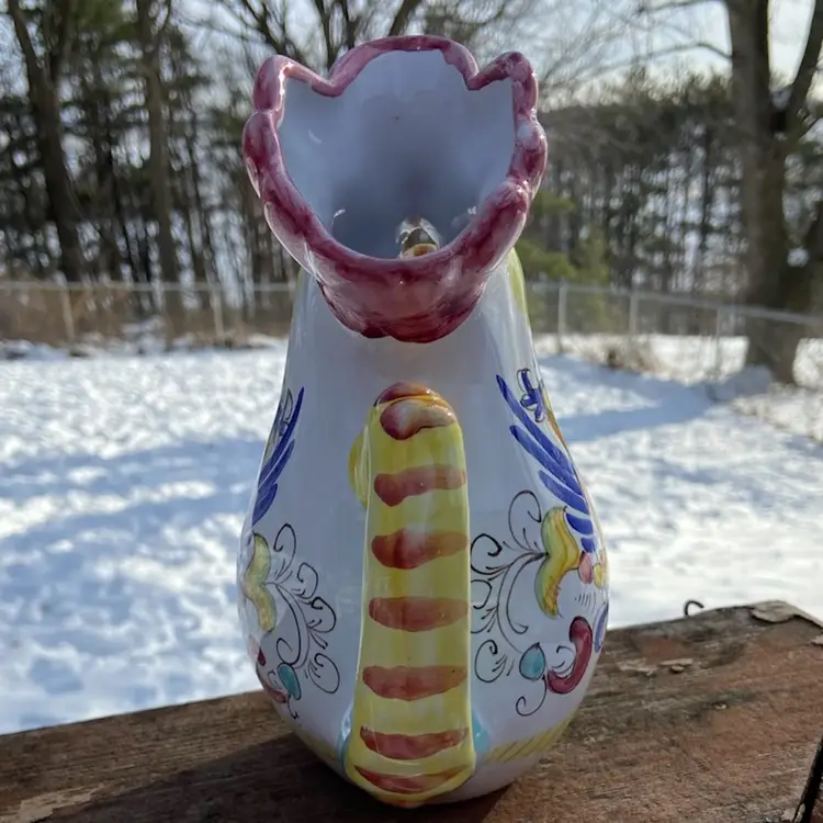 Italian Deruta (style ?) Chicken Pitcher. Stamped / Signed. 8.5”h.