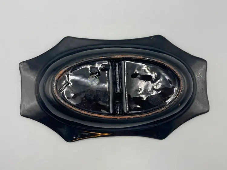 Vintage Hand Painted Red Clay with Black Glaze Ceramic Divided Trinket Dish with Floral Design Japan