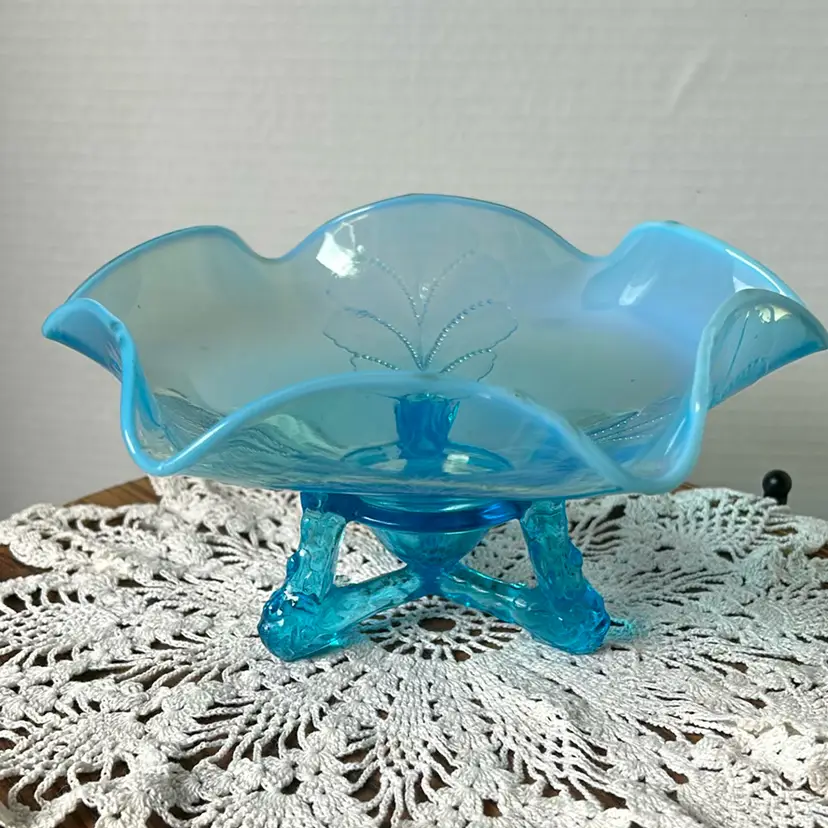 HTF Antique Dugan Winter Cabbage Blue Opalescent Footed Glass Bowl