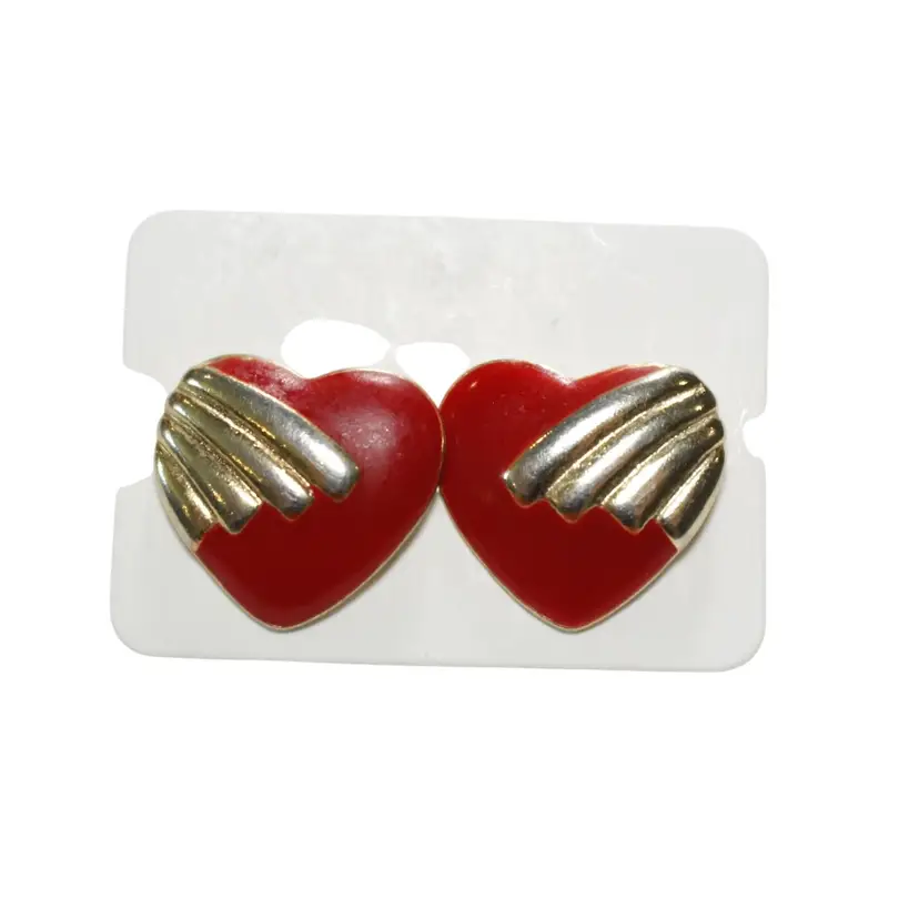 Red Heart Enamel & Gold Tone Post Earrings, 0.625"