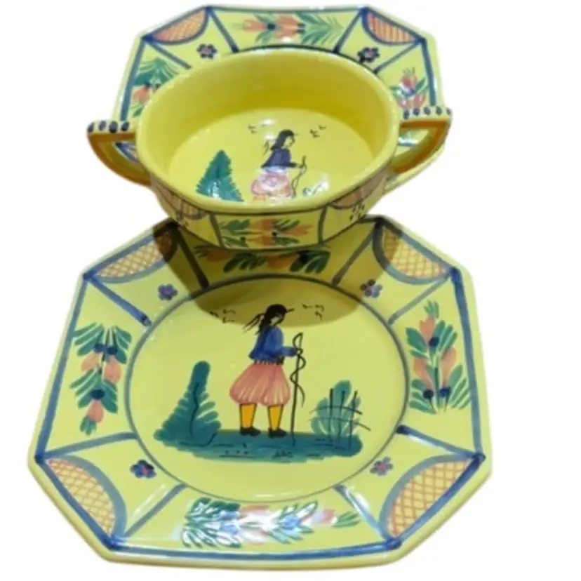 Two HB Quimper France Plates And One Bowl