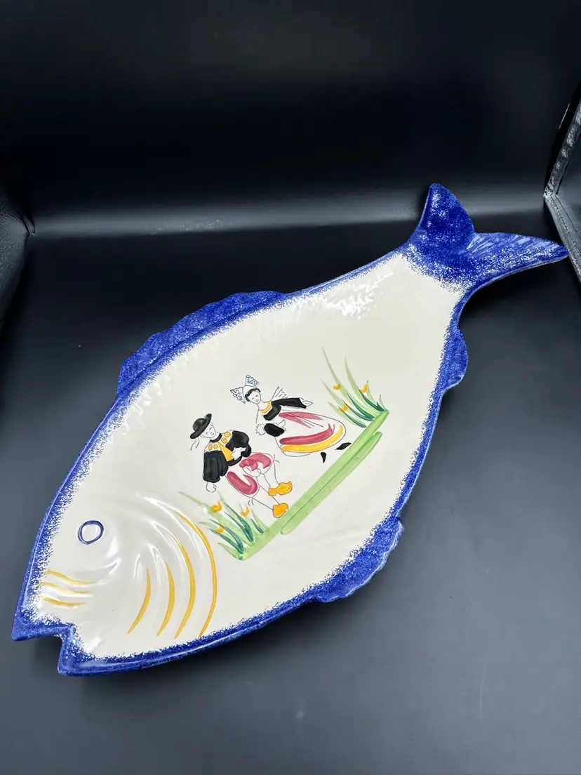 Vintage French Faience Breton Couple Fish Large Platter