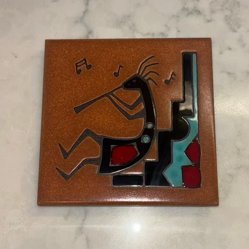 Decorative Kokopelli Flute Player Clay Tile Trivet Brown