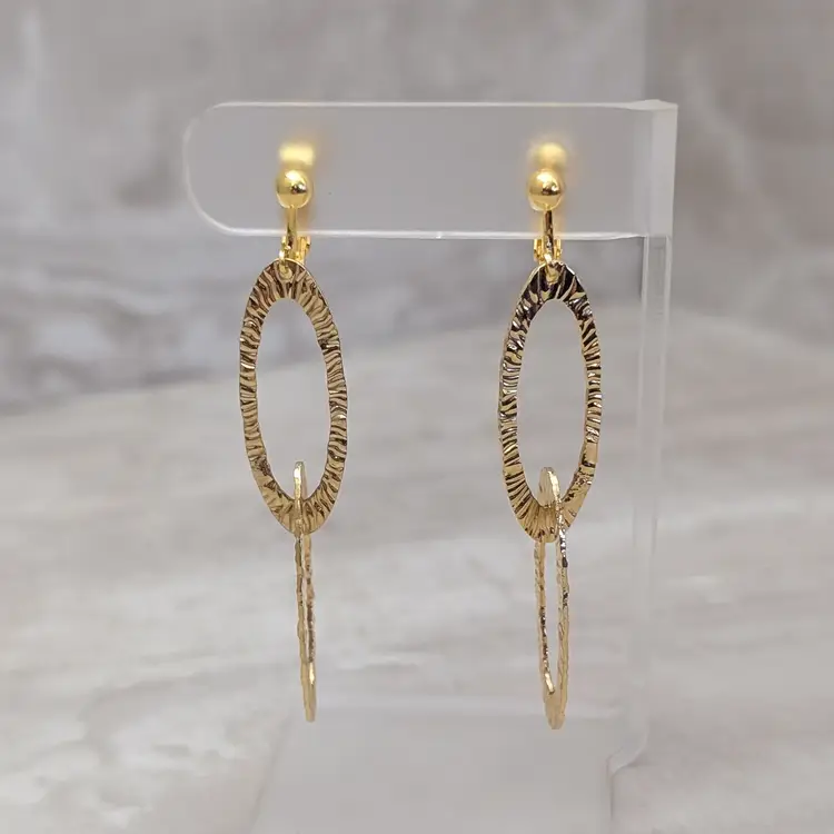 Vintage Clip On Earrings Statement Gold Tone Oval - Very Long Dangle 2.75"