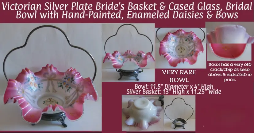 #Gorgeous Victorian Era Milk Glass Crimped, Ruffled, Bridal Bowl in Silver Plate Basket Frame