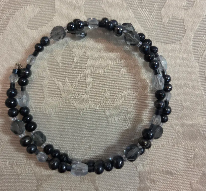Vintage Wrap Bracelet with Black, Smoke, and Light Gray Plastic Beads