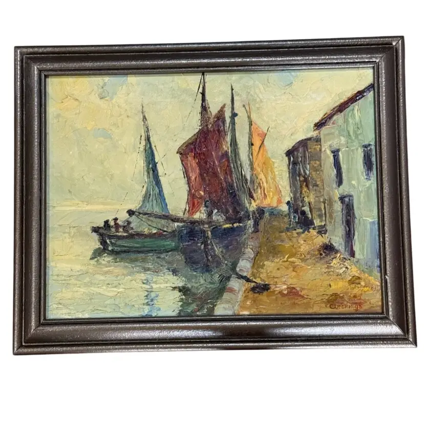 Mid-Century Modern Oil Of Sailboats Signed Cummings 16” X 20”