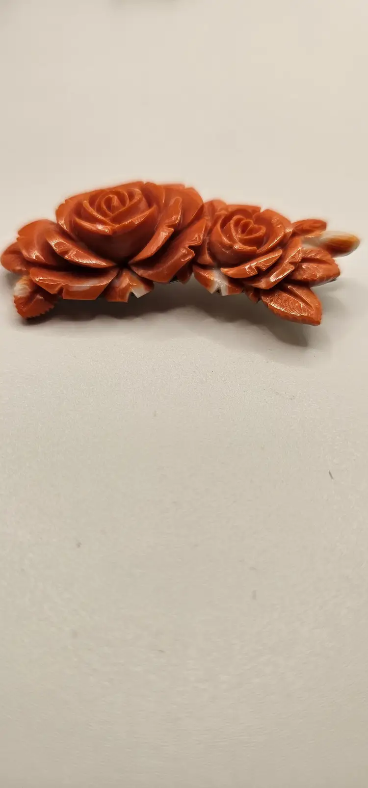 Fine Antique Victorian Carved Natural Momo Salmon Coral Rose Floral Brooch