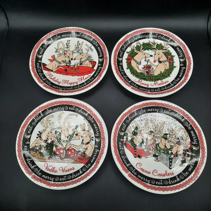 Christmas Reindeer Drinking Cocktail Plates Set Of 4 Designs Style by Lava Eat, Drink & Be Merry