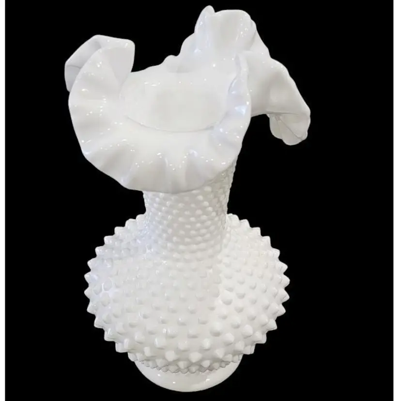 #02 Vintage Fenton Hobnail White Milk Glass Ruffled Shaped Vase 10 1/2"