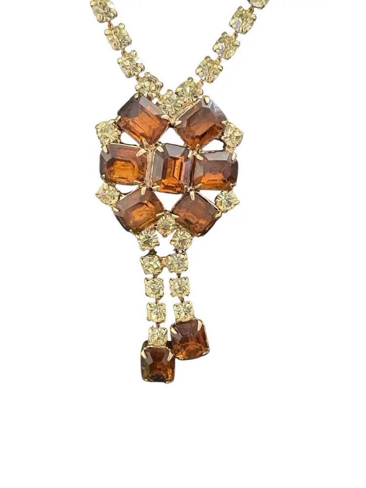 70. 1950S Amber/Topaz Prongs Set Glass Rhinestone Necklace