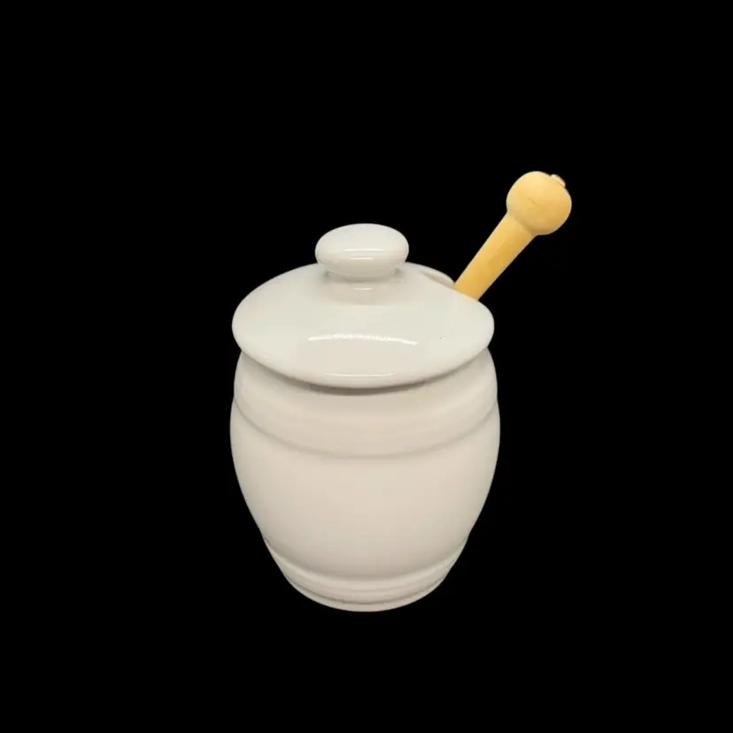 Revel La Porcelaine France Porcelain Mustard Condiment Jar With Wooden Spoon