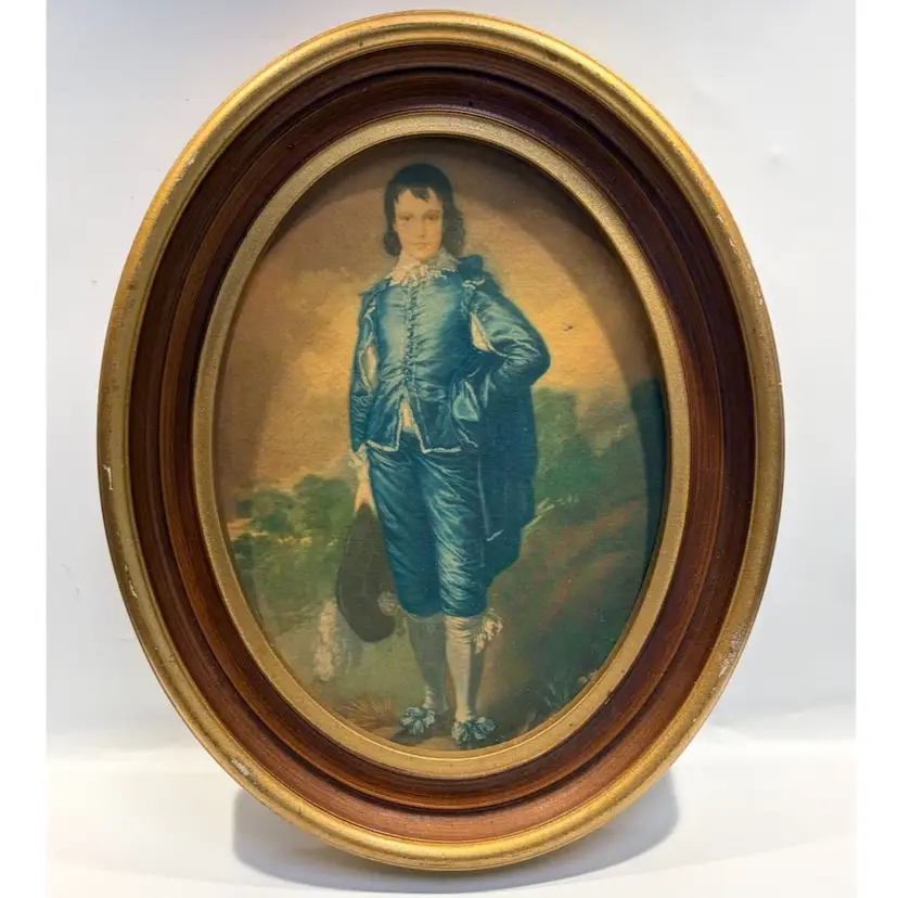 Vintage Framed Reproduction of "The Blue Boy" by Sir Thomas Gainsborough- Oval Gold and Wood Frame 10”x8”