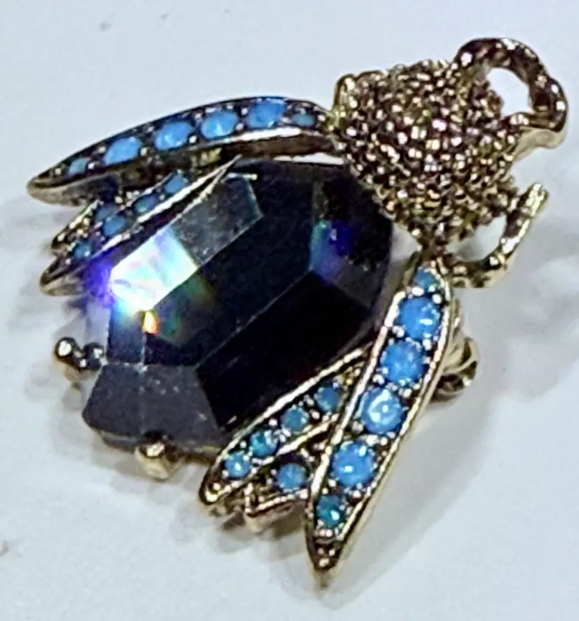 Vintage Rhinestone Beetle/Bee Brooch -Goldtone Insect Pin With Crystals