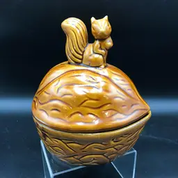 Vintage Kitsch Ceramic Squirrel on Walnut Candy/ Nut Dish w/Lid Taiwan