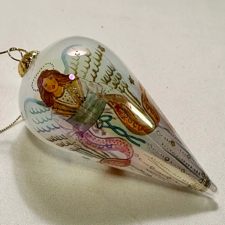 VTG Pier 1 Li Bien 2002 Angel Glass Ornament tear-drop Reverse Painting With Box