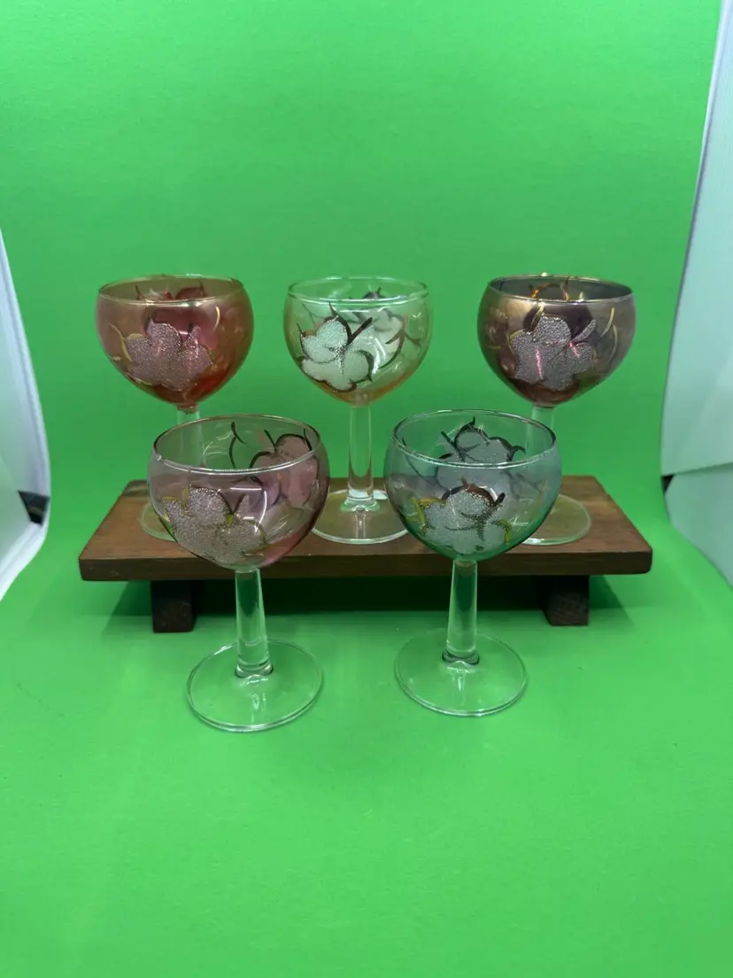 Set of five decorative wine glasses with metallic floral overlay, 4.5”
