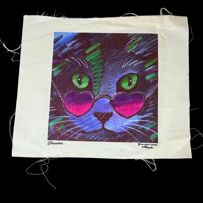 Fabric Art Too Cool For School Cat With Heart Glasses Designed By Miyaki 1991 Vintage