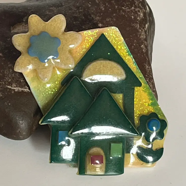 Vtg LUCINDA House Pin Layered Yellow Glitter Green Roofs Flower Sun Approx. 2¼"
