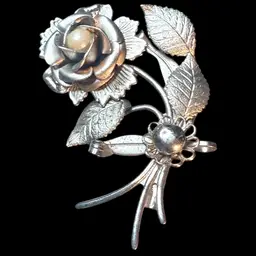 #0002 Satin Finish Silver Tone Flower Pearl Vintage Brooch Pin Jewelry