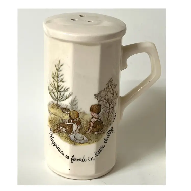 Holly Hobbie Porcelain Salt & Pepper Shakers with Handle 'Happiness is Found in Little Things' Japan 3.8 in Height