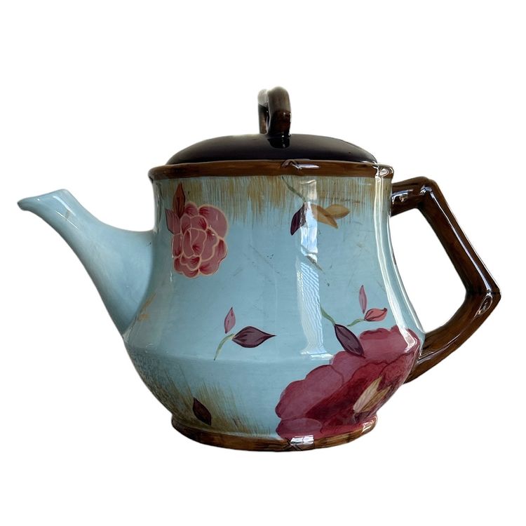Hand Painted Tracy Porter Teal and Brown Ceramic Teapot
