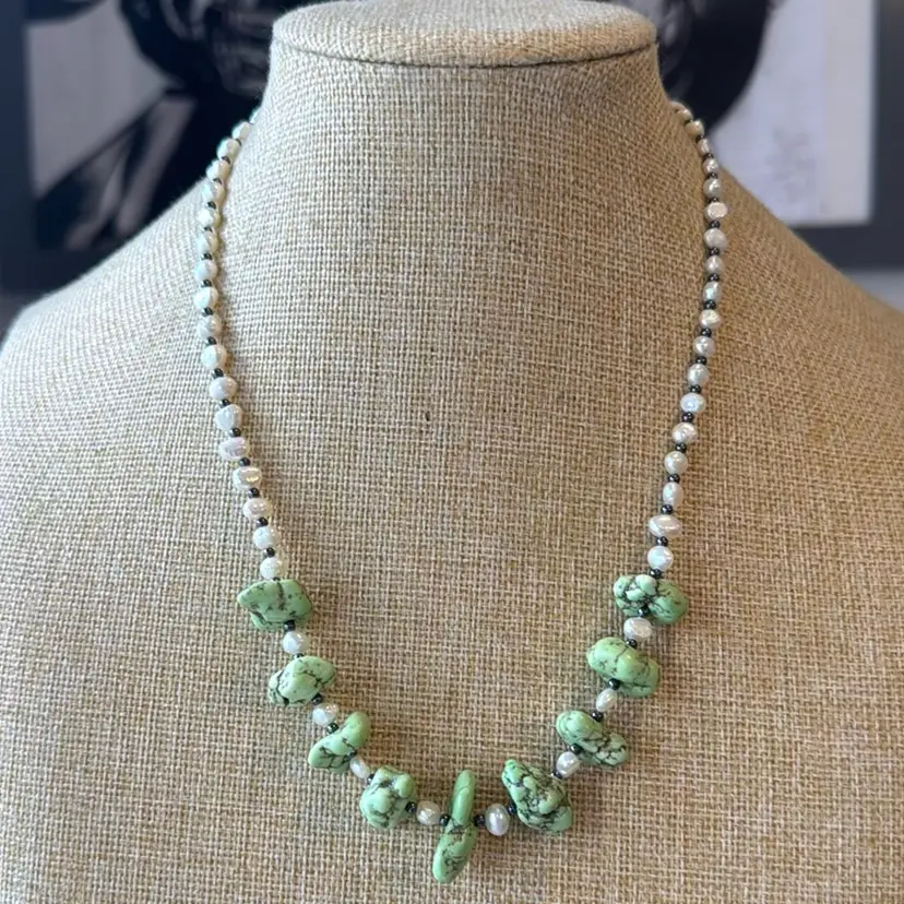 Lime Green Turquoise And Freshwater Pearl Necklace