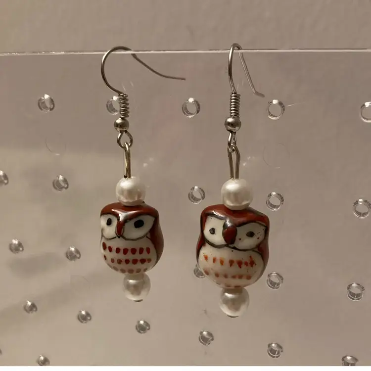 1970’s Porcelain OWL Drop Earrings Hand Painted
