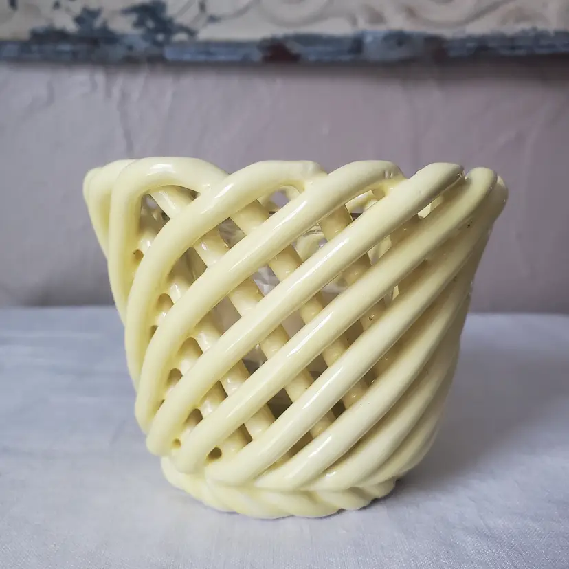Yellow Porcelain Basket Weave Tealight Holder
