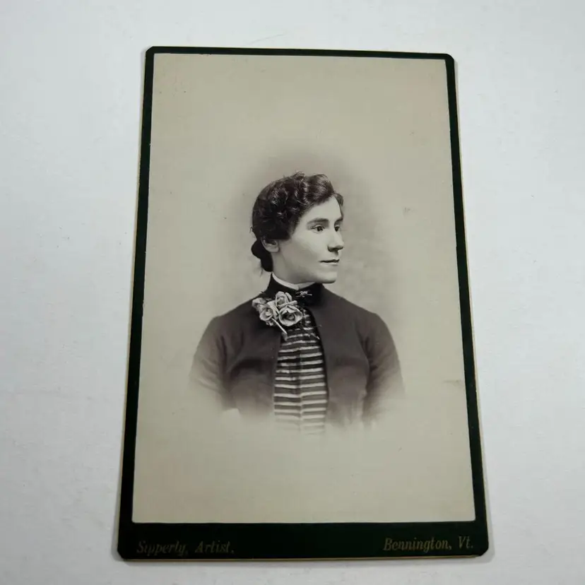 Cabinet Card Younger Woman Portrait Black Top Striped Rose Brooch Floral