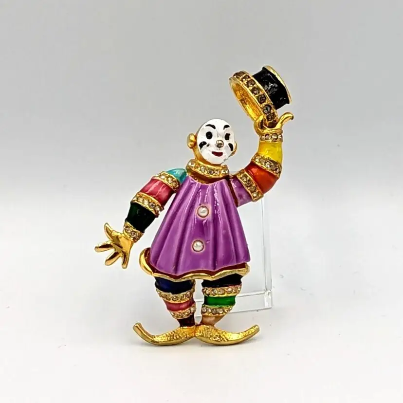 Clown Multicolor Enameling Brooch Vintage Faux Pearl Rhinestones Unmarked Pin