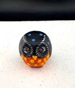 Small Orange and Black Ceramic Roly Poly Owl One of a kind 1" x 1"