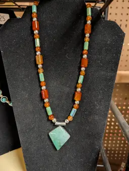 Carnelian and Ceramic Bead Necklace with Stone Pendant