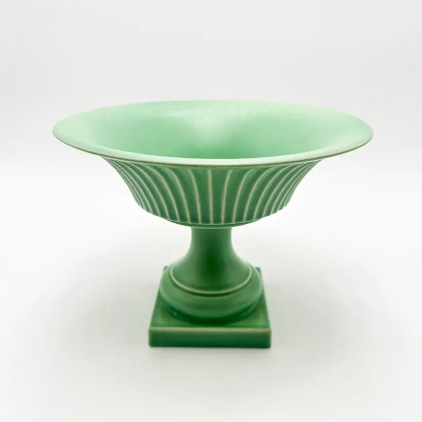 Hyalyn Ceramic Pedestal Bowl Compote Matte Sea Green Vintage H-299 H-300 6.75"H 9"D B25