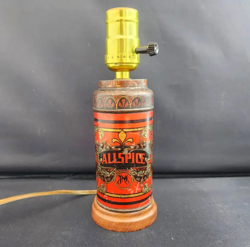 1910 Boone Allspice Spice Tin Lamp Conversion Art Nouveau Lithograph Weighted Tabletop Plug In Chinese Red OOAK Hoosier Cabinet WORKS - USA