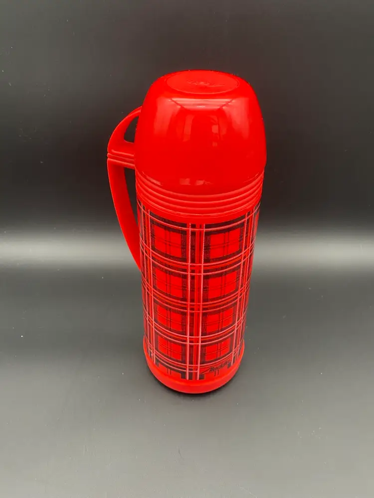 Aladdin Vintage Red Plaid Pattern 1 Liter/Quart Vacuum Bottle Thermos w Cup #290