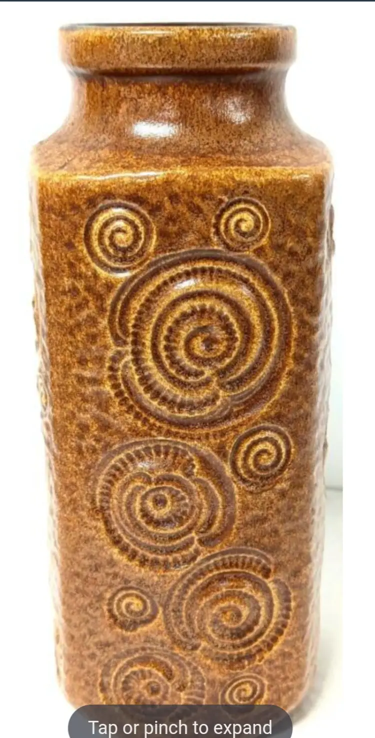 Striking MCM Vintage West Germany SCHEURICH Mustard Coloured Fossil Pattern Vase, #282-26, 10.5" Tall, Chip in Side