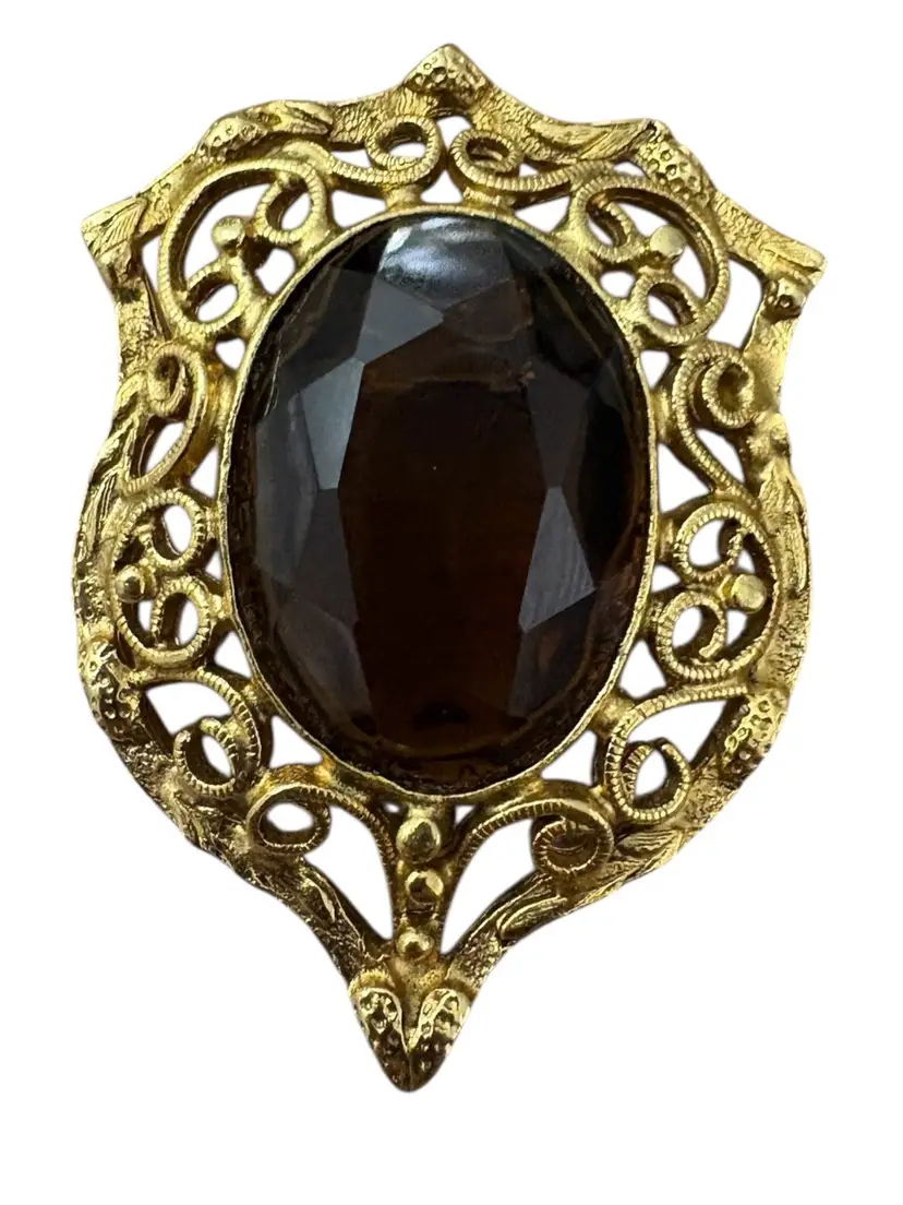 8. Vintage Amber Colored Faceted Glass Brooch