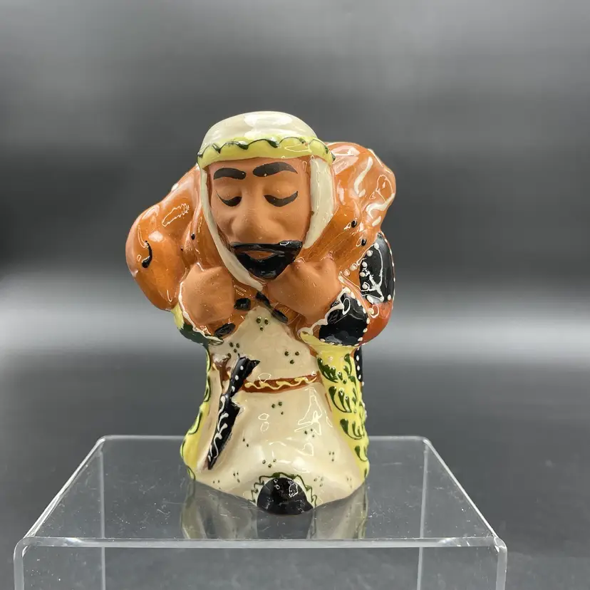 Handmade Painted Redware Pottery Shepherd Carrying Lamb Nativity Figurine Signed