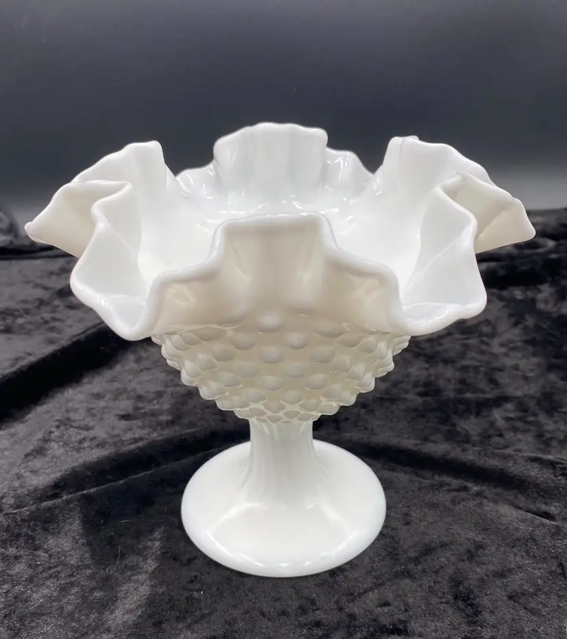 Vintage Fenton Milk Glass Hobnail Double Crimped Compote/Candleholder, 5.7", #3728