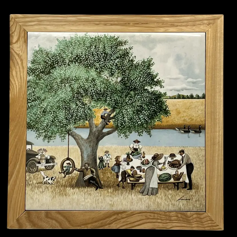 Vintage 1982 Lowell Herrero- Holiday Picnic Framed Tile Art/ Trivet