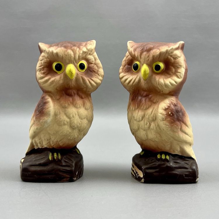 Vintage Owl On A Log  Salt And Pepper Shakers 3.75" Ceramic Bisque Japan
