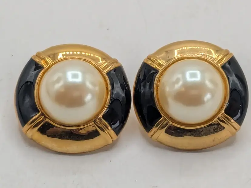 Vintage Gold Tone Pierced Earrings with Faux Pearl and Blue Enamel