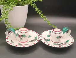 VTG LEFTON China Christmas Candleholders HOLLY BERRIES CANDY CANE Hand Decorated