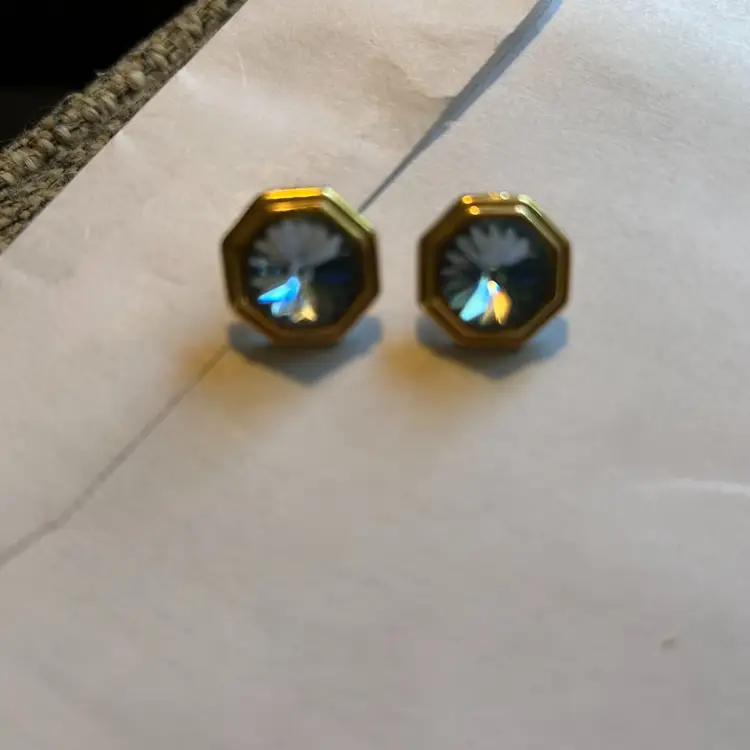 Vintage Gold Tone Hex Nut Shape With Blue Crystal Stone Earrings