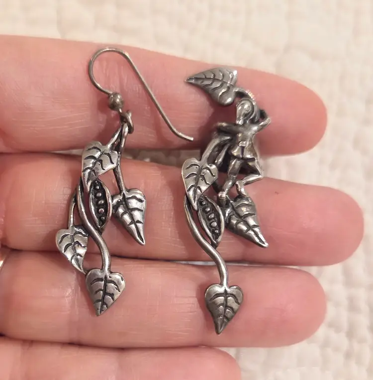 Vintage Sterling Silver Jack and the Beanstalk Pierced Earring and Earcuff, Artist Signed